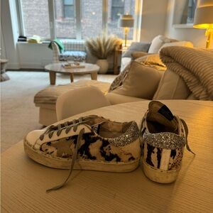 Golden Goose Deluxe Brand cow-print mid/star sneakers with glittery heel